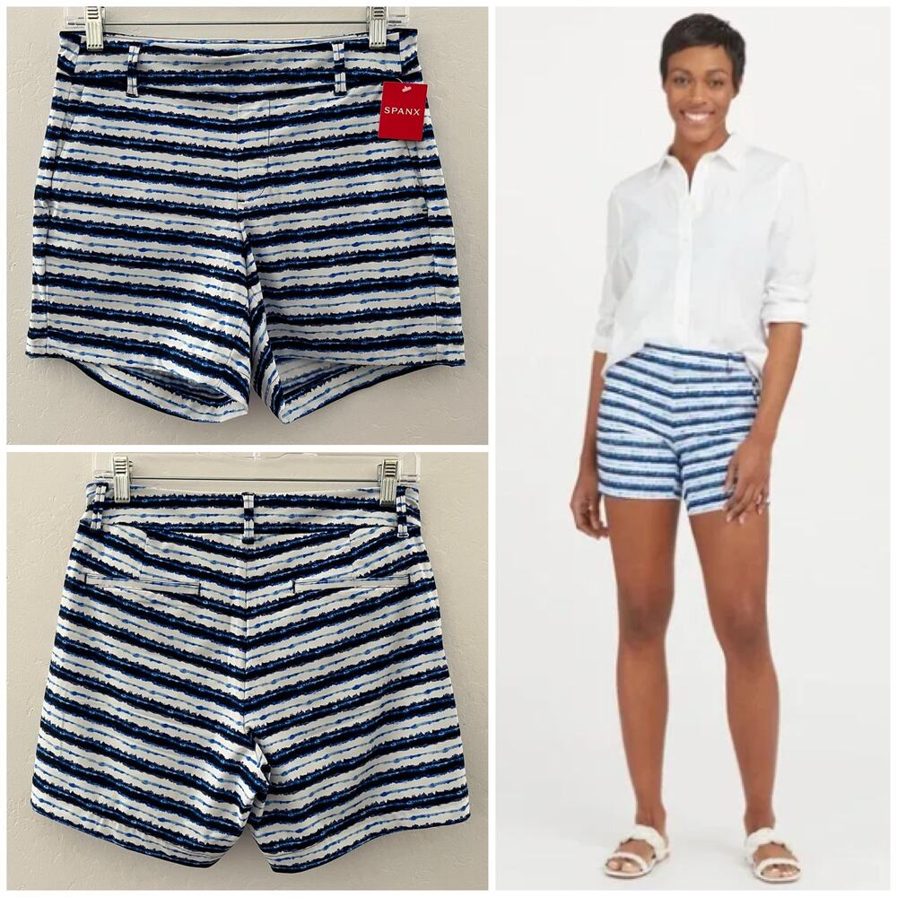 Spanx Sunshine 6" Shorts Small Blue Painted Stripe Summer Beach UPF 50+ NEW